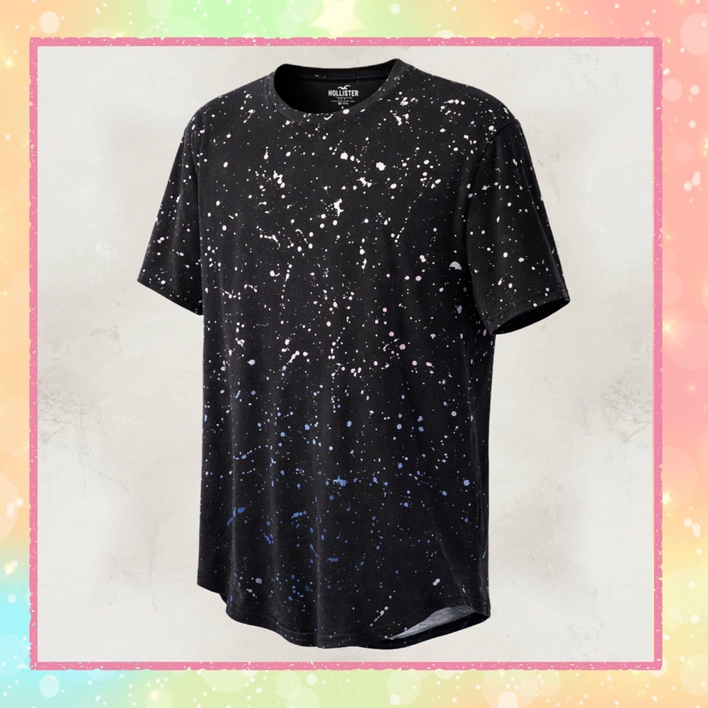 Hollister Black Paint Splatter Curved Hem Mens XL Graphic Tee Streetwear Skater